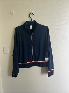 PINK Victoria's Secret Navy Zip-Up Varsity Jacket with Red & White Trim